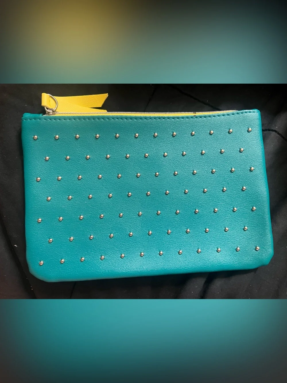 ipsy Teal Studded Cosmetic Pouch with Yellow Zipper